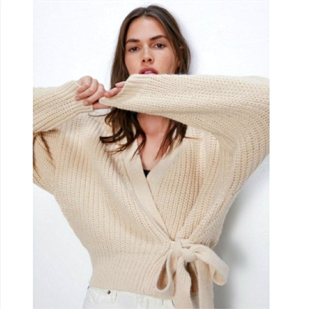 🤎 ZARA Cropped Balloon Sleeve Cream Belted Cardigan - Bloggers Favorite 🤎